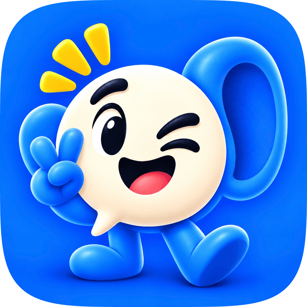The Akou mascot: a cream speech-bubble character with a big blue ear, winking and throwing a peace sign